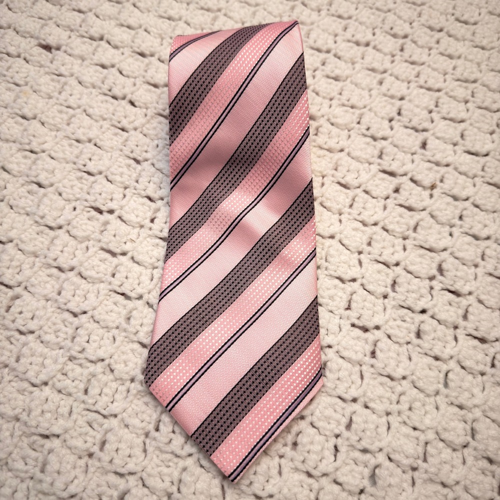Giorgio Armani Silk Tie Mens Pink Gray Stripe Handmade Italy Wide 4 Inch Necktie